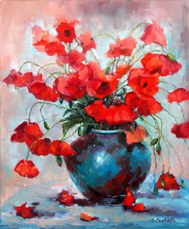 「Poppies in Vase 3」というタイトルの絵画 Olga Egorovによって, オリジナルのアートワーク, オイル ウッドストレッチャーフレームにマウント