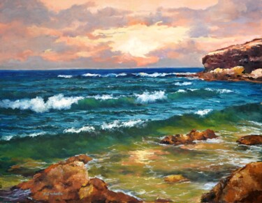 Painting titled "Sun and Sea" by Olga Egorov, Original Artwork, Oil Mounted on Wood Stretcher frame