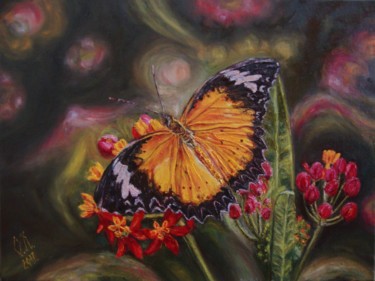 Painting titled "Orange butterfly" by Olga Knezevic, Original Artwork, Oil