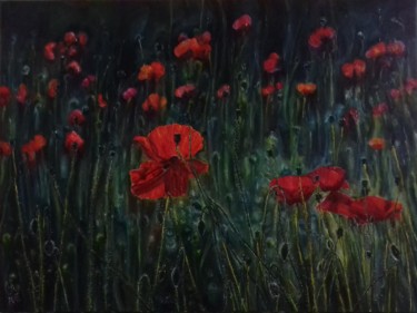 Painting titled "Red poppy field" by Olga Knezevic, Original Artwork, Oil