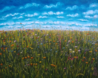 Painting titled "Floral meadow" by Olga Knezevic, Original Artwork, Oil