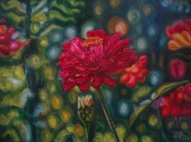 Painting titled "Cheerful flower 1" by Olga Knezevic, Original Artwork, Oil