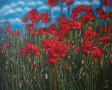 Painting titled "Red poppies" by Olga Knezevic, Original Artwork, Oil