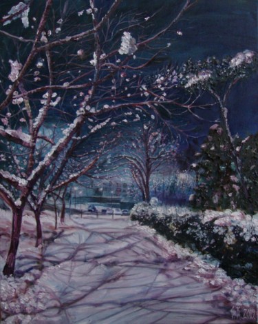 Painting titled "Snowy December" by Olga Knezevic, Original Artwork, Oil
