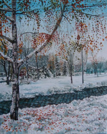Painting titled "Snowy neighbourhood" by Olga Knezevic, Original Artwork, Oil