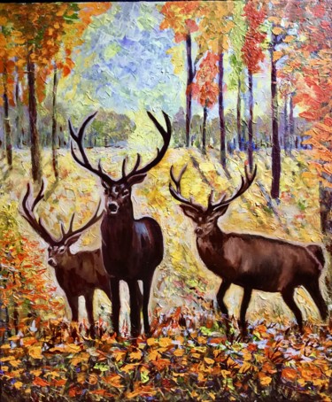 Painting titled "Stags on the meadow" by Olga Koval, Original Artwork, Acrylic