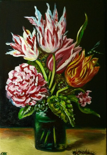 Peinture intitulée "Tulips , roses in a…" par Olga Koval, Œuvre d'art originale, Huile