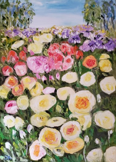 Painting titled "White, pink, roses…" by Olga Koval, Original Artwork, Oil Mounted on Wood Stretcher frame