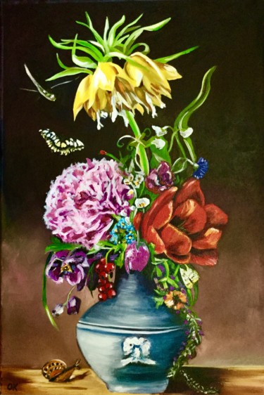 Pittura intitolato "Flowers in a vase w…" da Olga Koval, Opera d'arte originale, Olio