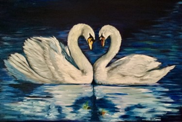 Painting titled "Swans  together for…" by Olga Koval, Original Artwork, Oil