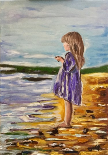 Painting titled "Little girl on the…" by Olga Koval, Original Artwork, Oil