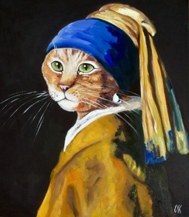 Malerei mit dem Titel "Cat with the pearl…" von Olga Koval, Original-Kunstwerk