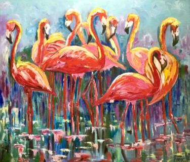 Malerei mit dem Titel "Orange Flamingos" von Olga Koval, Original-Kunstwerk, Öl