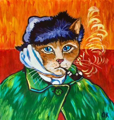 Painting titled "Cat with a pipe. Fe…" by Olga Koval, Original Artwork, Acrylic