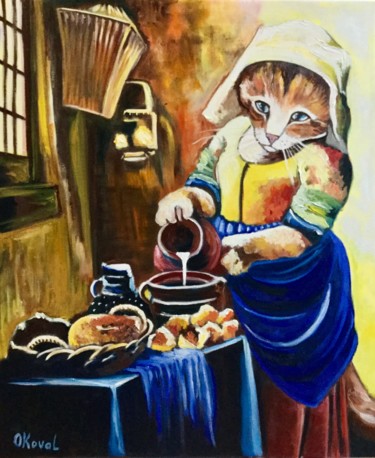 Peinture intitulée "Cat with a milk jar…" par Olga Koval, Œuvre d'art originale, Acrylique