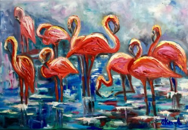 Painting titled "Orange Flamingos" by Olga Koval, Original Artwork, Oil