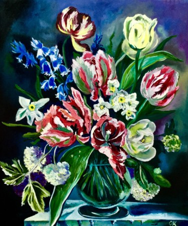 Painting titled "Flowers in a vase I…" by Olga Koval, Original Artwork, Oil
