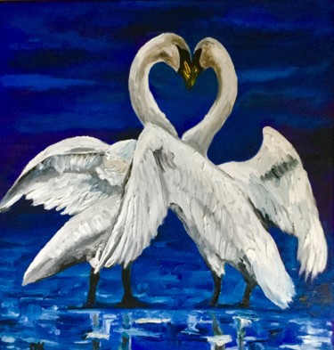 Malarstwo zatytułowany „Swans. Happy couple…” autorstwa Olga Koval, Oryginalna praca, Olej