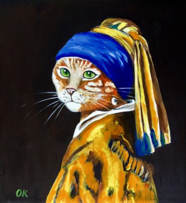 Painting titled "Cat with the pearl…" by Olga Koval, Original Artwork, Acrylic