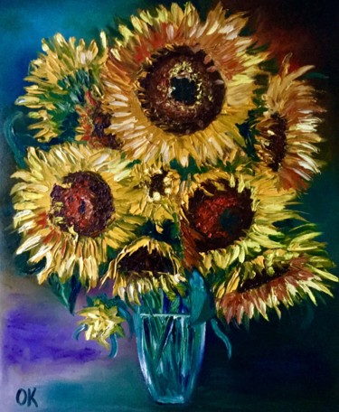 Painting titled "Sunflowers in vase." by Olga Koval, Original Artwork, Oil