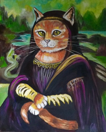 绘画 标题为“Cat La Gioconda. Fe…” 由Olga Koval, 原创艺术品, 油 安装在木质担架架上