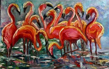 Картина под названием "Orance Flamingos. L…" - Olga Koval, Подлинное произведение искусства, Масло