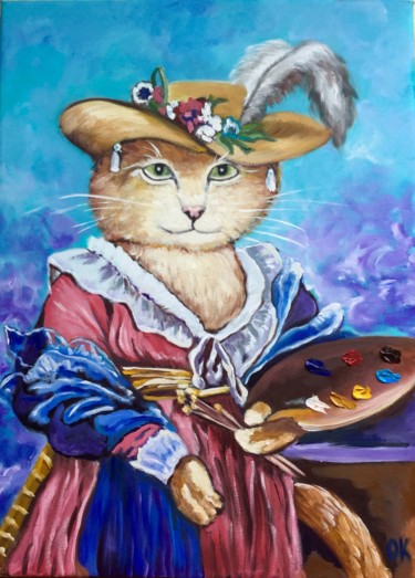 Painting titled "Feline artist. Smil…" by Olga Koval, Original Artwork, Oil Mounted on Wood Stretcher frame