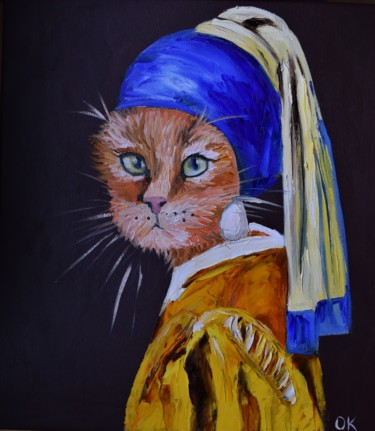 Painting titled "Cat with the pearl…" by Olga Koval, Original Artwork, Oil
