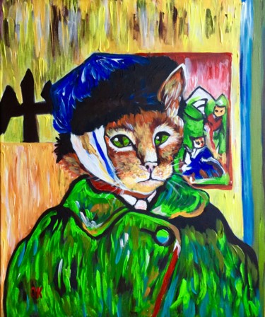 Schilderij getiteld "Cat La Van Gogh. Fe…" door Olga Koval, Origineel Kunstwerk, Acryl