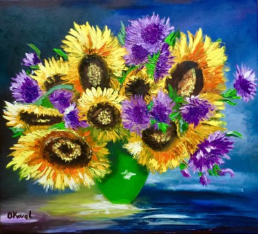 Картина под названием "Sunflowers in a gre…" - Olga Koval, Подлинное произведение искусства, Масло