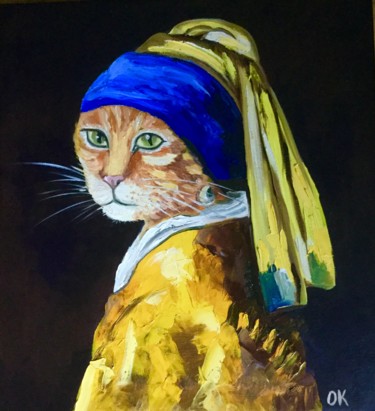 Painting titled "Cat with a pearl ea…" by Olga Koval, Original Artwork, Acrylic