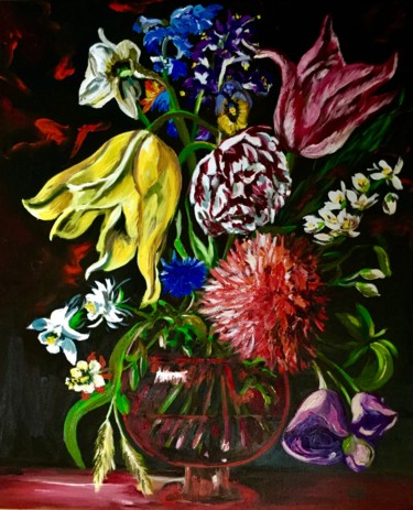 Malerei mit dem Titel "Flowers in a red va…" von Olga Koval, Original-Kunstwerk, Öl