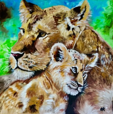 Painting titled "Lioness and cub" by Olga Koval, Original Artwork, Oil