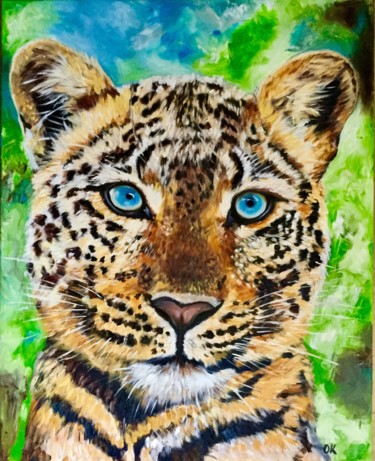 Painting titled "Blue eyes/ wild leo…" by Olga Koval, Original Artwork, Oil