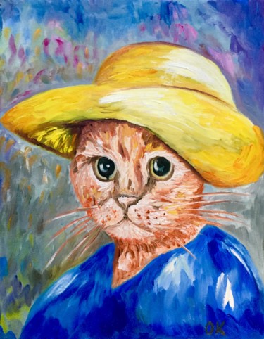 Painting titled "Cat La Van Gogh in…" by Olga Koval, Original Artwork, Oil