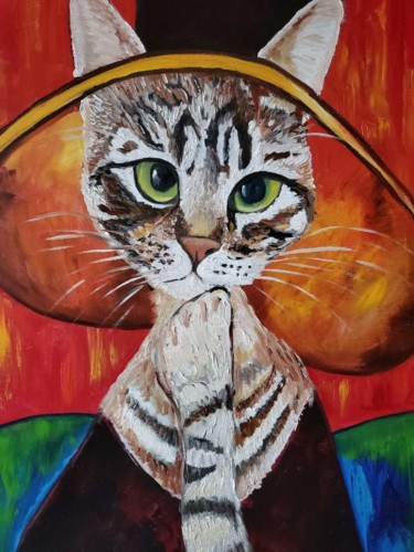 Painting titled "CAT IN A HAT, INSPI…" by Olga Koval, Original Artwork, Oil