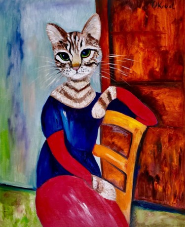 Painting titled "CAT IS SITTING ON T…" by Olga Koval, Original Artwork, Oil Mounted on Wood Stretcher frame