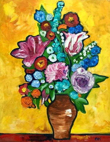 Painting titled "Abctract flowers on…" by Olga Koval, Original Artwork, Oil