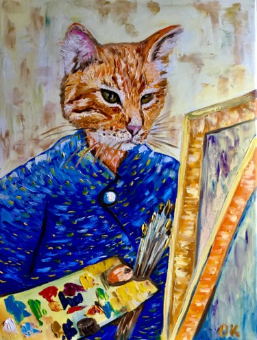Schilderij getiteld "CAT LA VAN GOGH." door Olga Koval, Origineel Kunstwerk, Olie