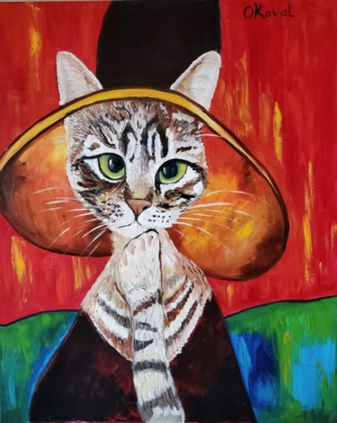 Painting titled "CAT IN A HAT, INSPI…" by Olga Koval, Original Artwork, Oil Mounted on Wood Stretcher frame