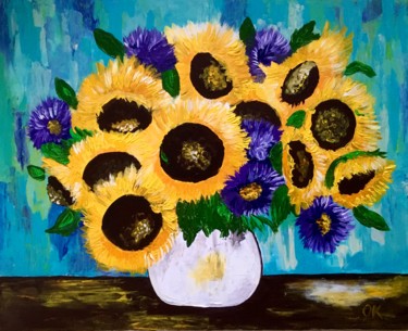 Painting titled "Bouquet of sunflowe…" by Olga Koval, Original Artwork, Acrylic Mounted on Wood Stretcher frame