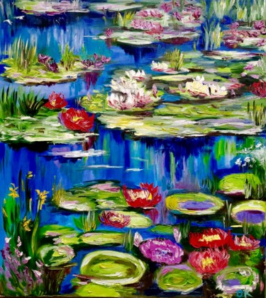 Painting titled "Water lilies" by Olga Koval, Original Artwork, Oil Mounted on Wood Stretcher frame