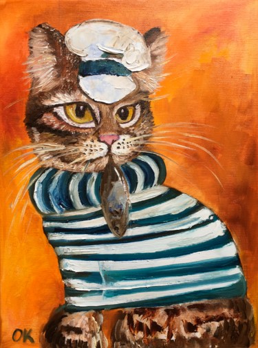 Painting titled "Troy The Fishing Cat" by Olga Koval, Original Artwork, Oil Mounted on Wood Stretcher frame