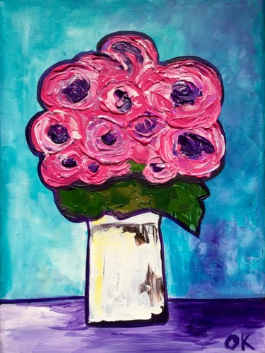 Painting titled "Pink and Purple Ros…" by Olga Koval, Original Artwork, Acrylic Mounted on Wood Stretcher frame