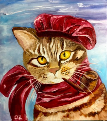 Painting titled "Troy the cat with a…" by Olga Koval, Original Artwork, Oil Mounted on Wood Stretcher frame