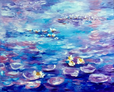 Painting titled "Waterlilies inspire…" by Olga Koval, Original Artwork, Oil Mounted on Wood Stretcher frame
