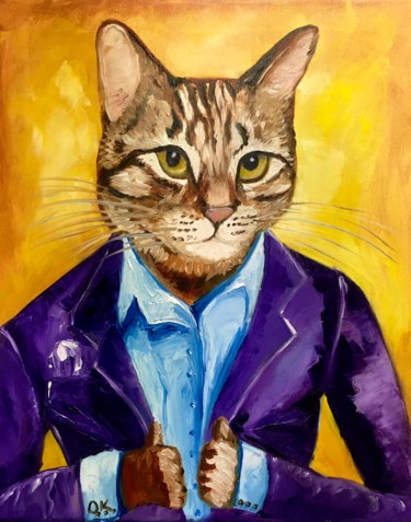 Painting titled "Troy the cat dresse…" by Olga Koval, Original Artwork, Oil Mounted on Wood Stretcher frame