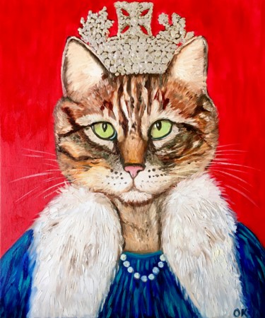 Painting titled "Cat La Queen Elizab…" by Olga Koval, Original Artwork, Oil Mounted on Wood Stretcher frame