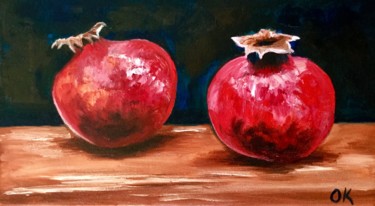 Painting titled "Two Pomegranates st…" by Olga Koval, Original Artwork, Oil Mounted on Wood Stretcher frame