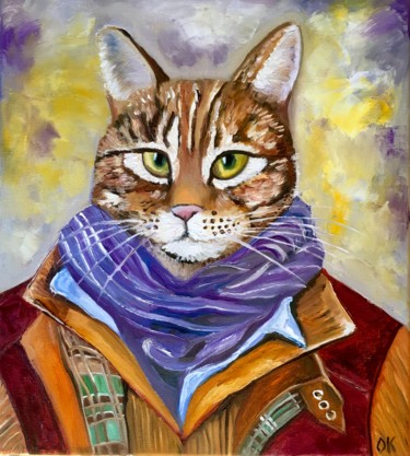 Painting titled "Troy The Cat Advent…" by Olga Koval, Original Artwork, Oil Mounted on Wood Stretcher frame